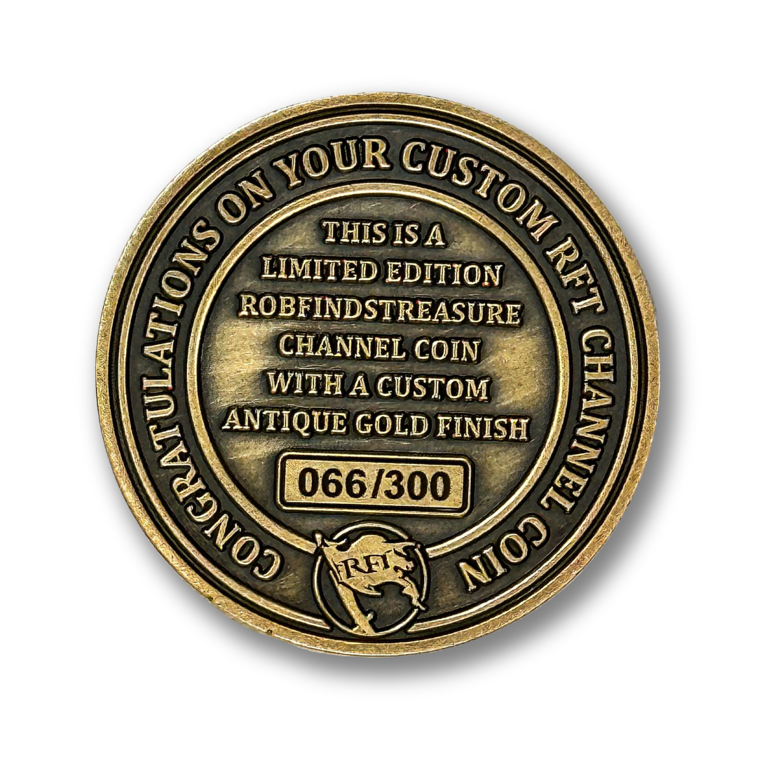 Rob Finds Treasure Bronze Challenge Coin flat lay, back side of coin