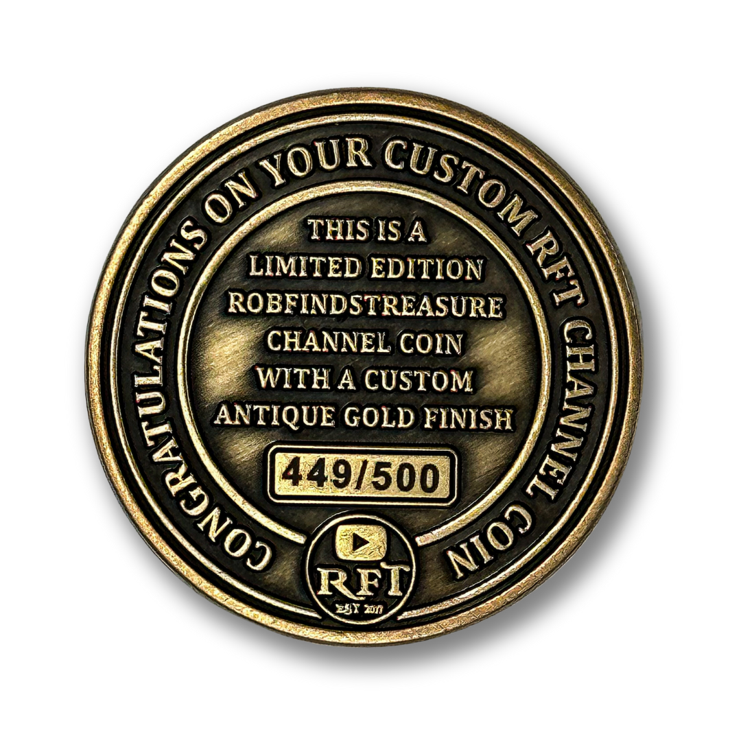Rob Finds Treasure Bronze OG OLD LOGO Challenge Coin Flat lay, back side of coin