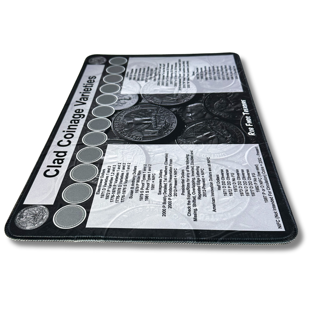 Angled view of Clad Varieties Coin roll hunting mat made by Rob Finds Treasure featuring organized rows for stacking Clad Variety finds, providing a convenient and systematic setup for searching through coins