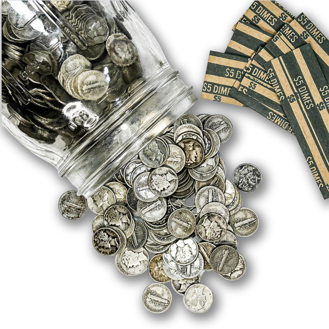 90% Silver Mercury Dimes and rolls on white background