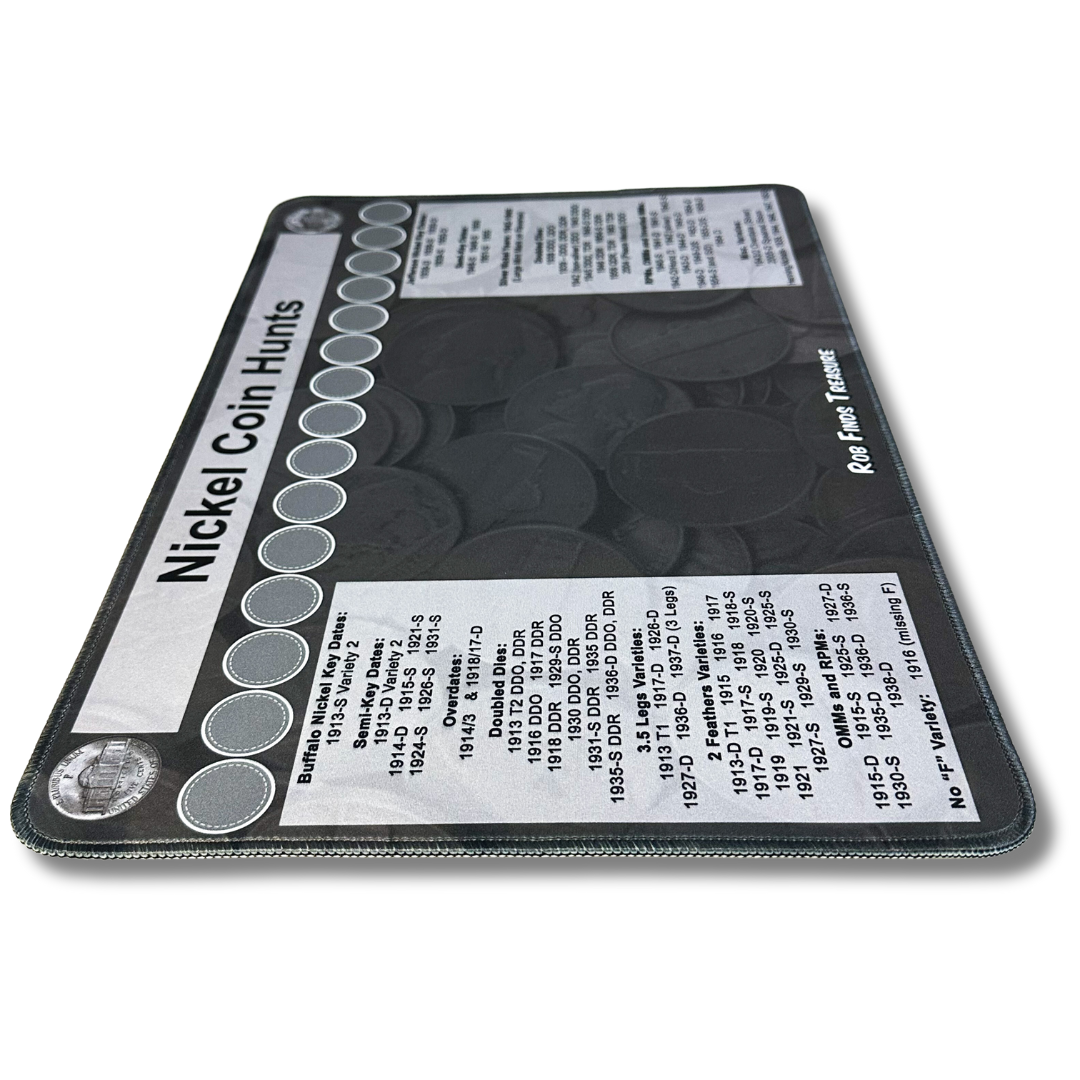 Angled view of Nickel Coin roll hunting mat made by Rob Finds Treasure featuring organized rows for stacking nickels providing a convenient and systematic setup for searching through coins