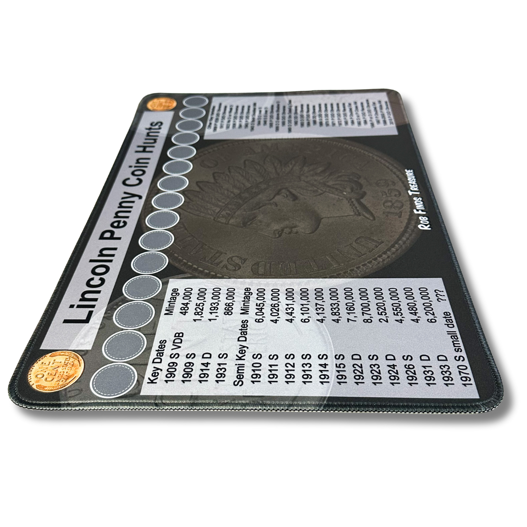 Angled view of Penny Coin roll hunting mat made by Rob Finds Treasure featuring organized rows for stacking pennies, providing a convenient and systematic setup for searching through coins