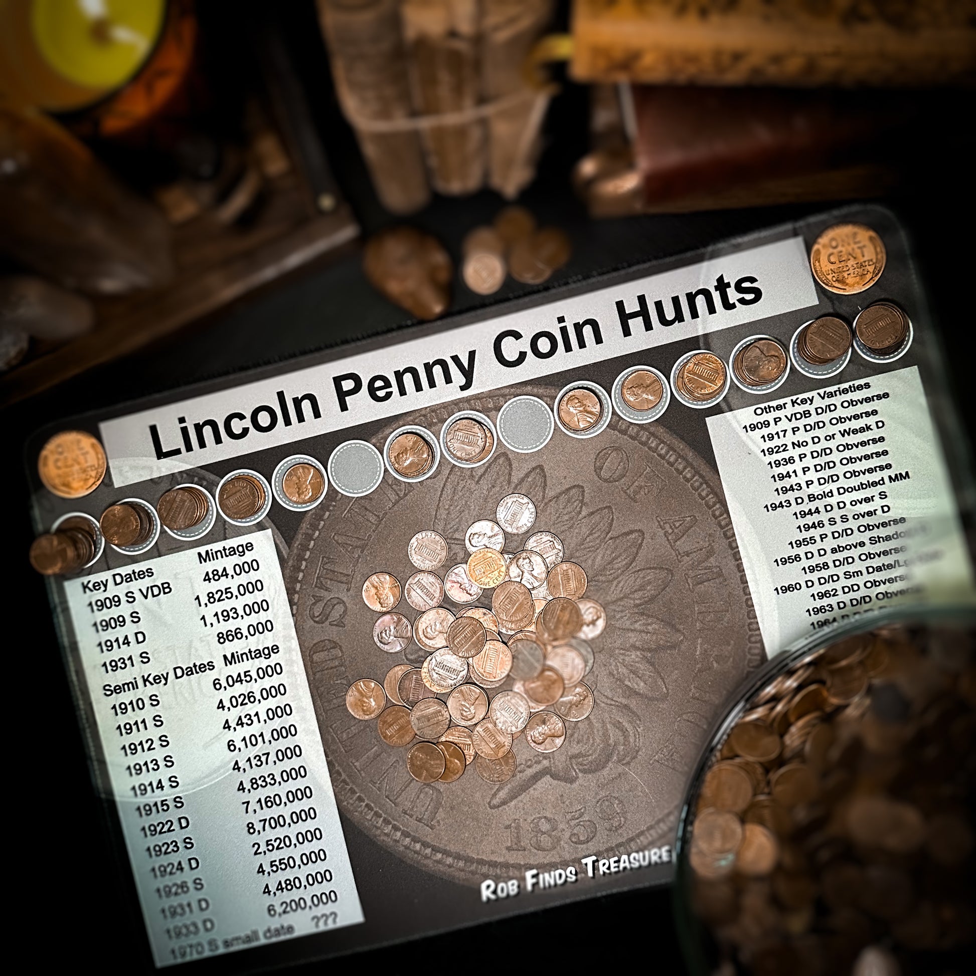 Layout with coins of a penny coin roll hunting mat made by Rob Finds Treasure featuring organized rows for stacking pennies, providing a convenient and systematic setup for searching through coins