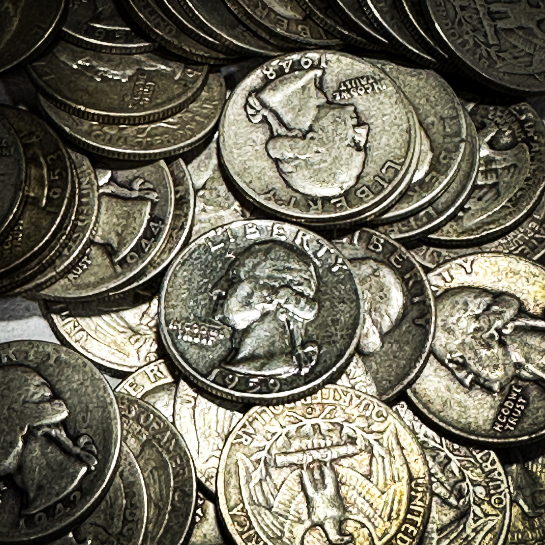 close up of 90% Washington Silver Quarters