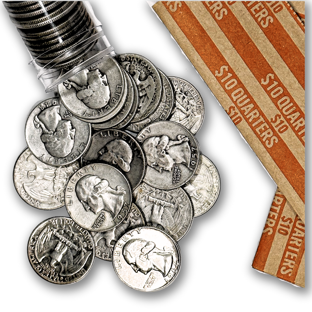 90% Washington Silver Quarters and rolls on white background