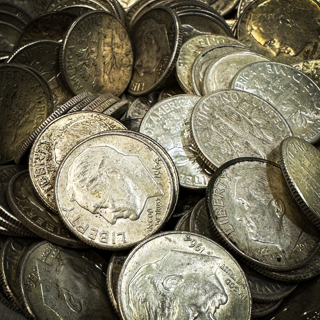 Close up of 90% Silver Roosevelt Dimes