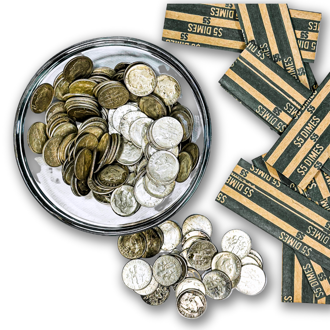 90% Silver Roosevelt Dimes and rolls on white background