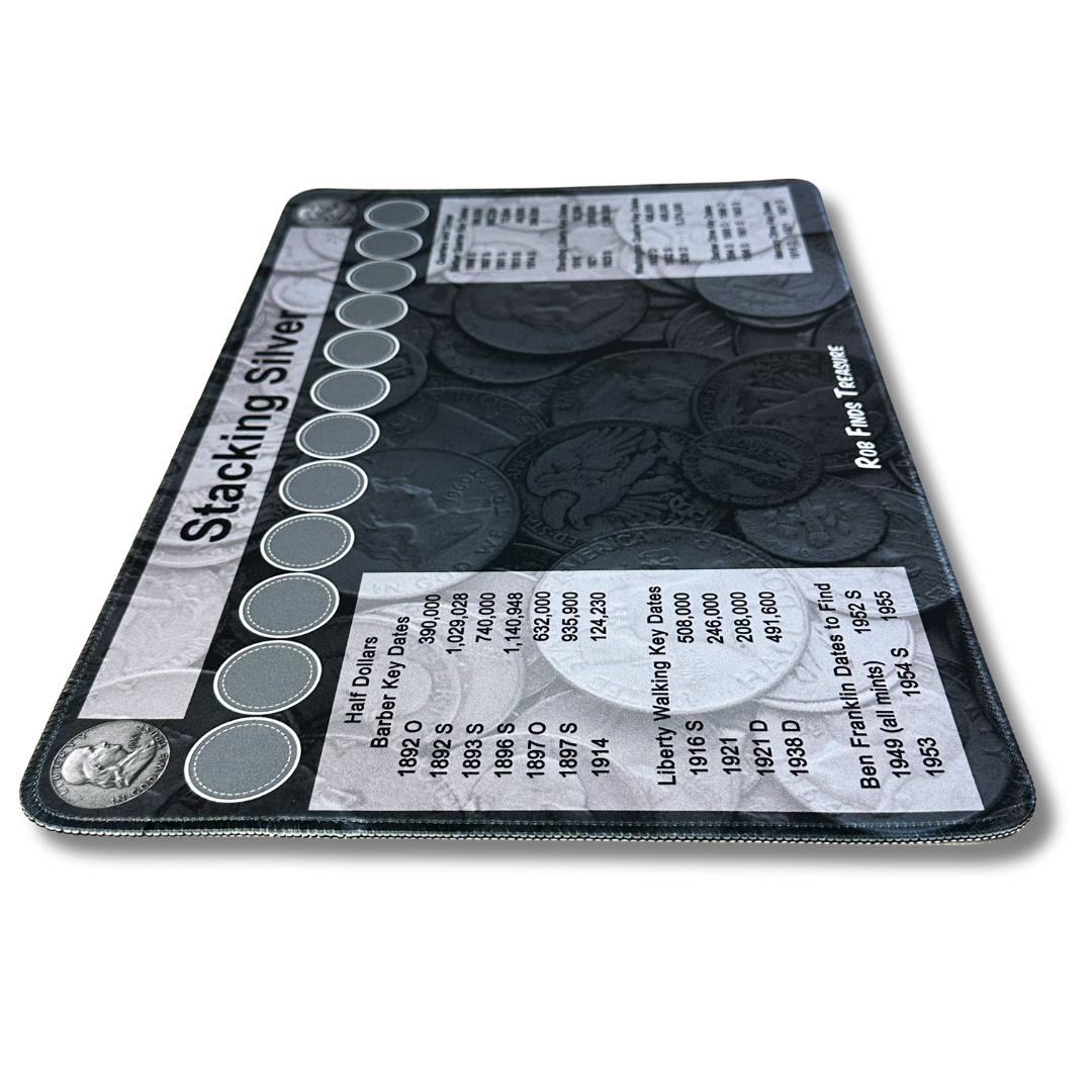 Angled view of Stacking Silver Coin roll hunting mat made by Rob Finds Treasure  featuring organized rows for stacking silver finds, providing a convenient and systematic setup for searching through coins