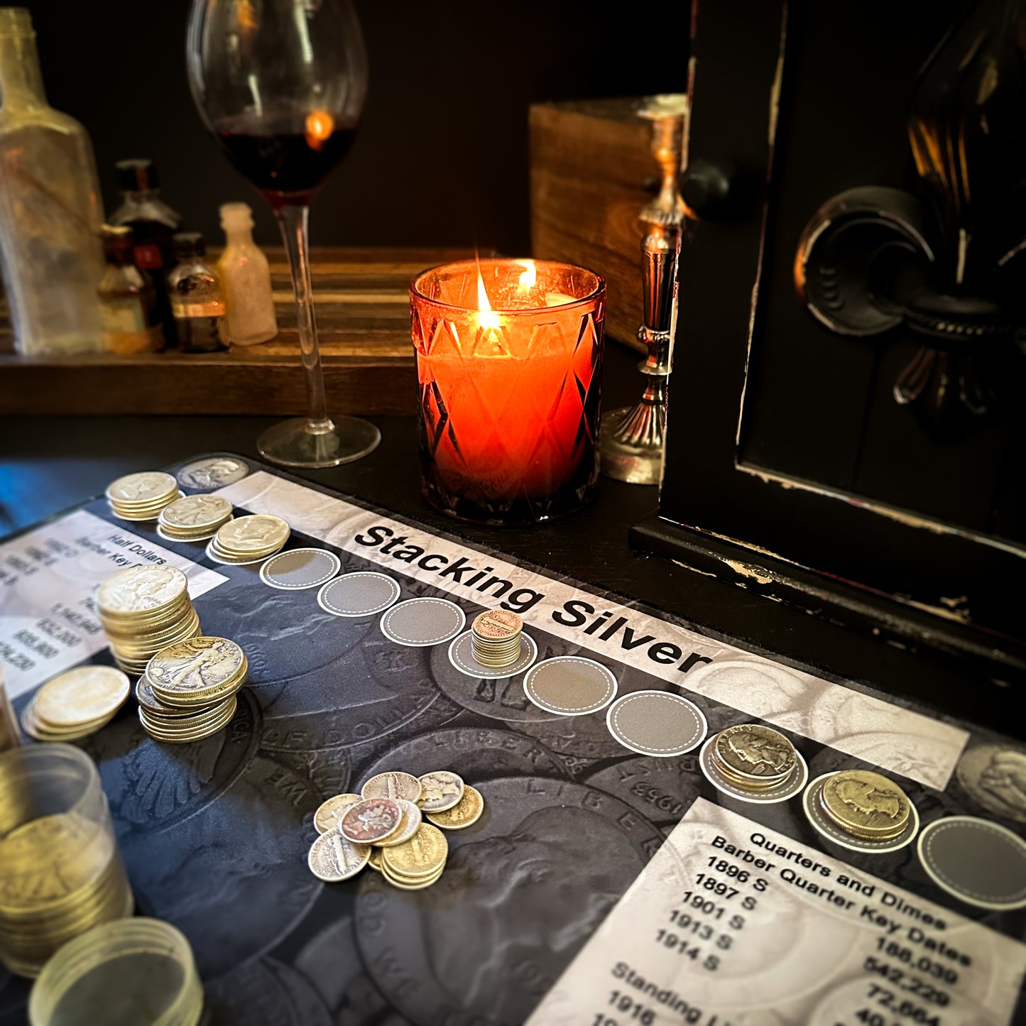 Close up of a layout with coins of a Stacking Silver coin roll hunting mat made by Rob Finds Treasure featuring organized rows for stacking silver finds, providing a convenient and systematic setup for searching through coins