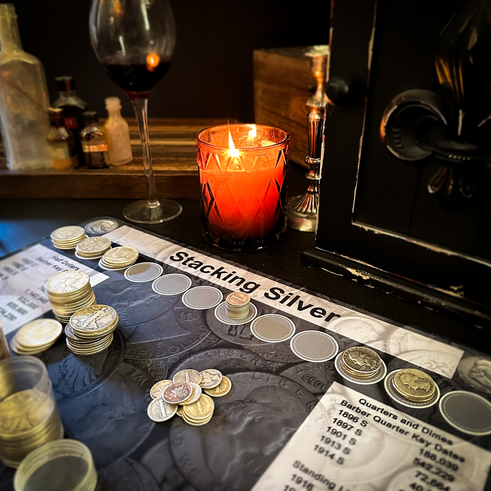 Close up of a layout with coins of a Stacking Silver coin roll hunting mat made by Rob Finds Treasure featuring organized rows for stacking silver finds, providing a convenient and systematic setup for searching through coins