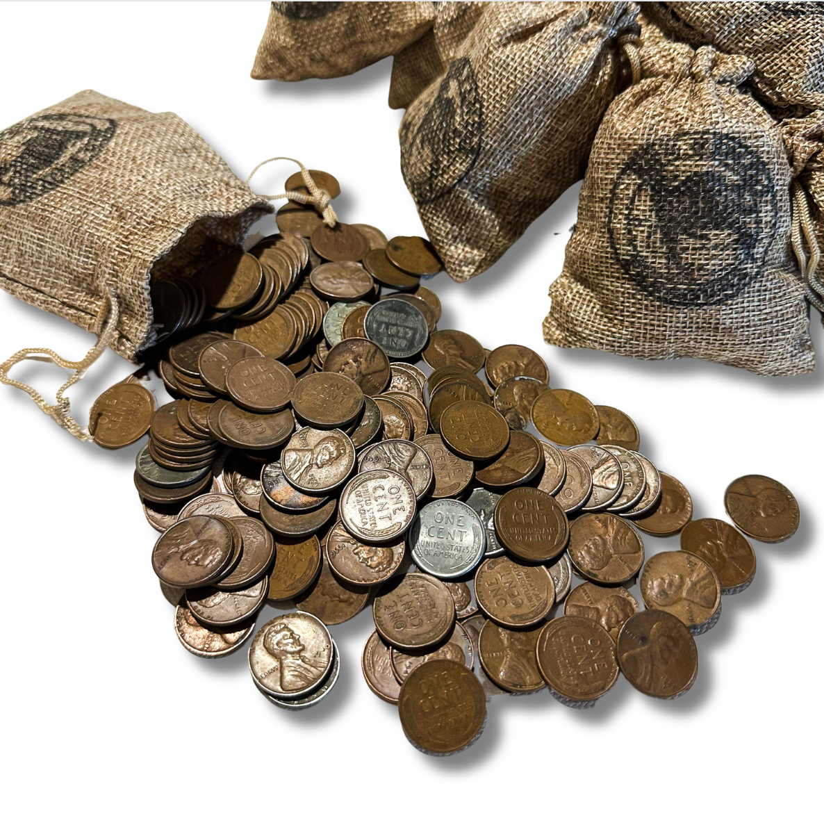 Wheat Cents and RFT sacks on white background
