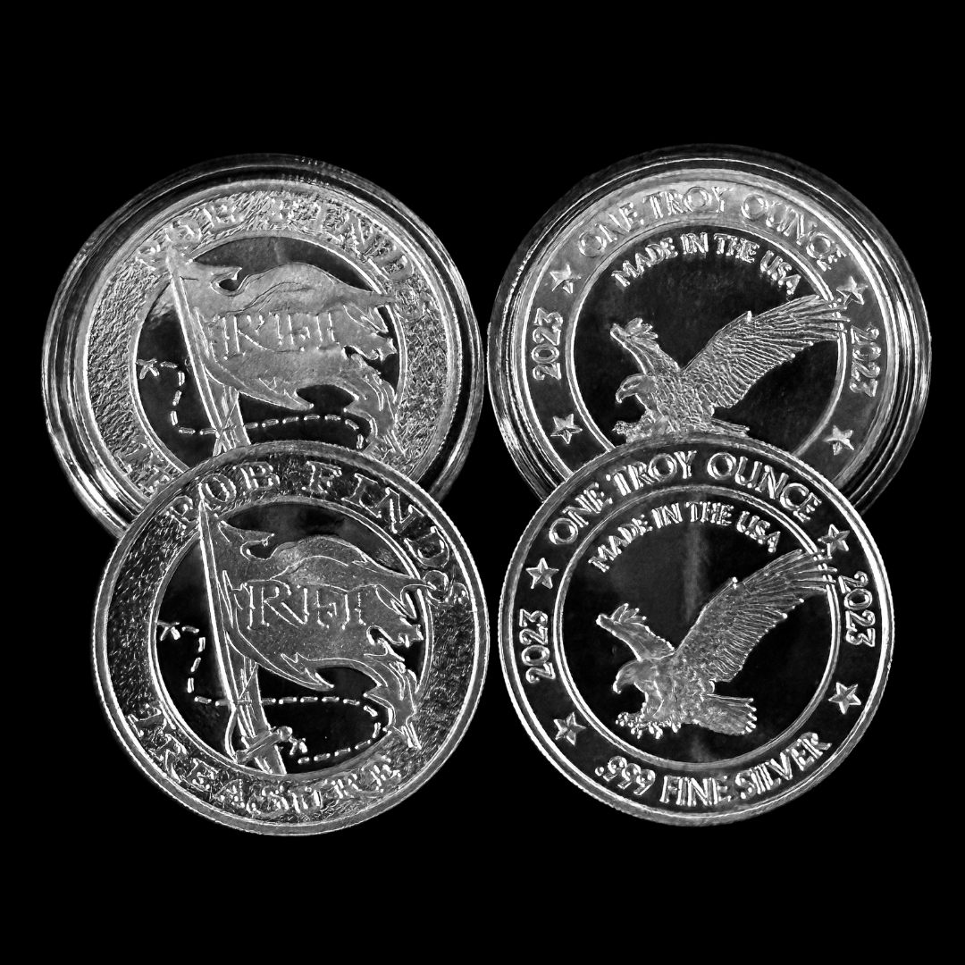 2023 RFT Custom Silver Round, Rob Finds Treasure Custom Silver Round on black background showing front and back of coins