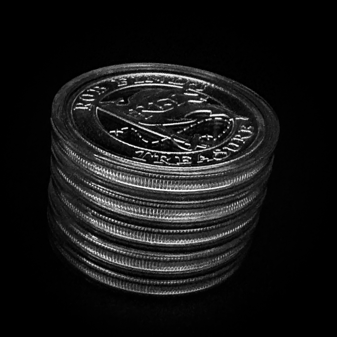 2023 RFT Custom Silver Round, Rob Finds Treasure Custom Silver Round on black background showing coins in tubes