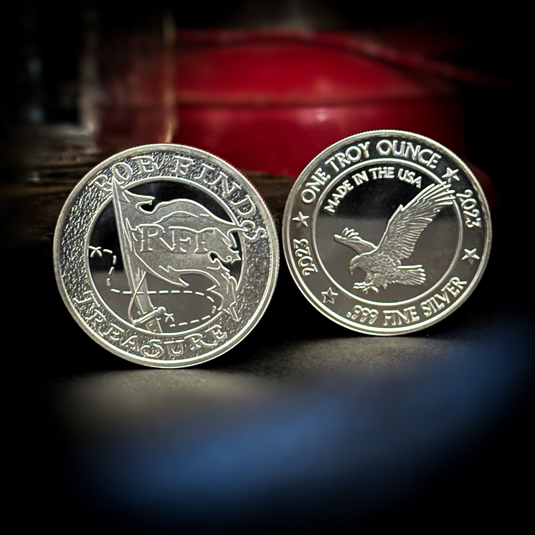 2023 RFT Custom Silver Round, Rob Finds Treasure Custom Silver Round with background showing front and back of coin