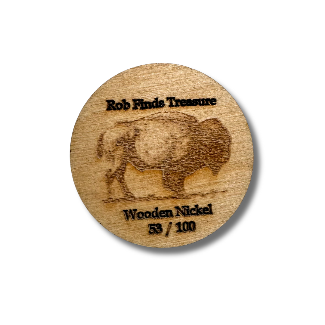 ROB FINDS TREASURE WOODEN NICKEL BACK VIEW