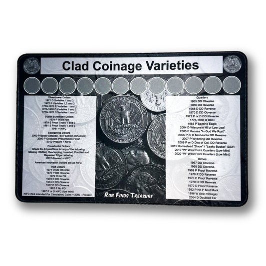 Clad Varieties Coin roll hunting mat made by Rob Finds Treasure featuring organized rows for stacking Clad Varieties finds, providing a convenient and systematic setup for searching through coins