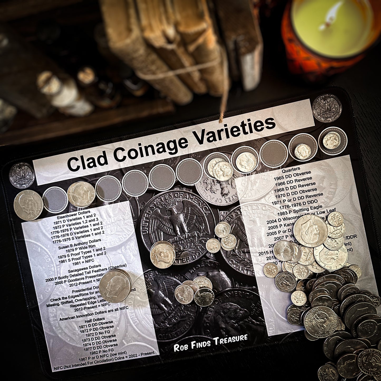 Close up of a layout with coins of a Clad Varieties coin roll hunting mat made by Rob Finds Treasure featuring organized rows for stacking Clad Variety finds, providing a convenient and systematic setup for searching through coins