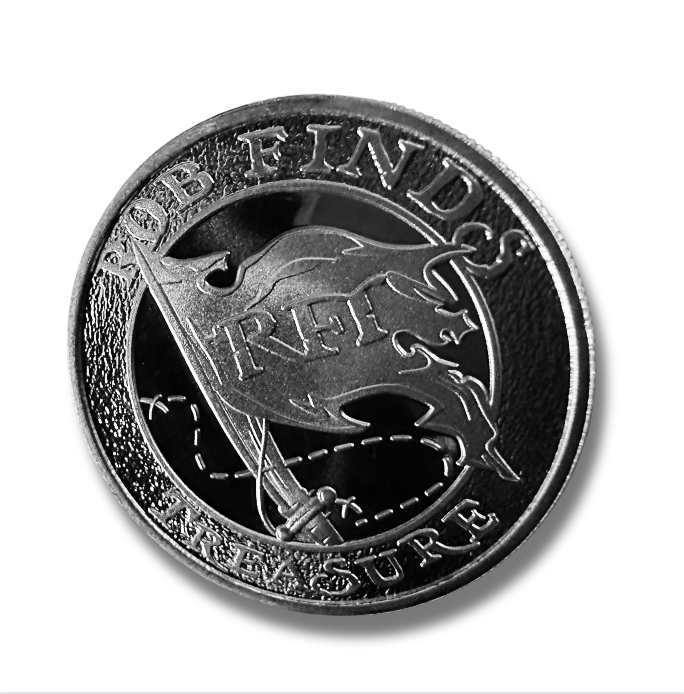 2023 RFT Custom Silver Round, Rob Finds Treasure Custom Silver Round on white background showing front of coin