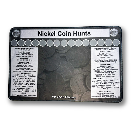 Nickel Coin roll hunting mat made by Rob Finds Treasure featuring organized rows for stacking nickels finds, providing a convenient and systematic setup for searching through coins