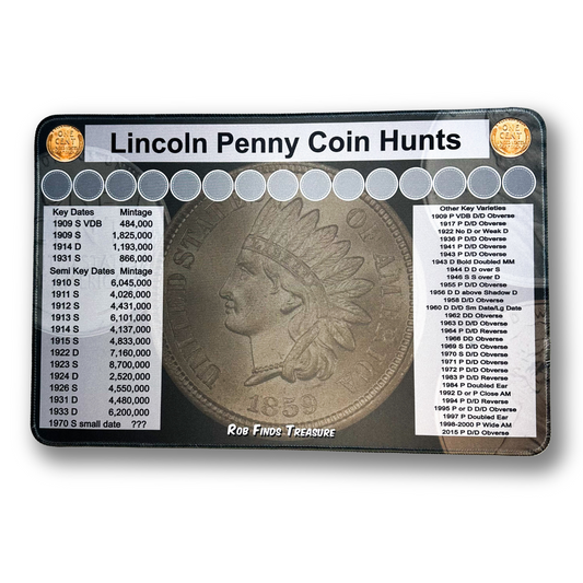 Penny Coin roll hunting mat made by Rob Finds Treasure featuring organized rows for stacking pennies, providing a convenient and systematic setup for searching through coins