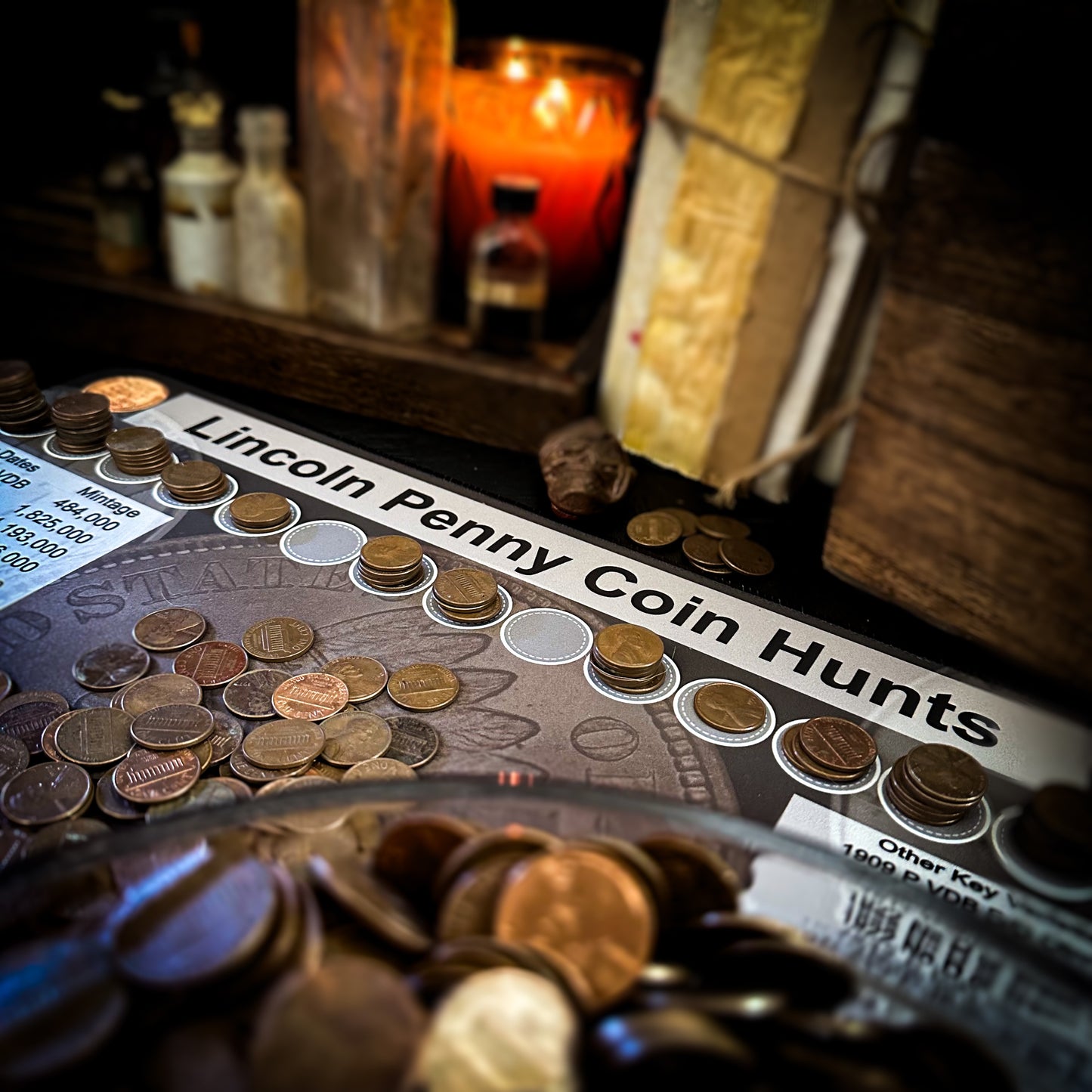 Close up of a layout with coins of a penny coin roll hunting mat made by Rob Finds Treasure featuring organized rows for stacking pennies, providing a convenient and systematic setup for searching through coins