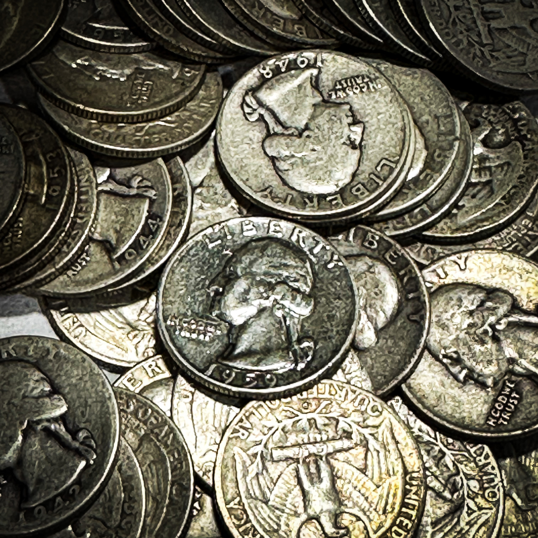 close up of 90% Washington Silver Quarters 