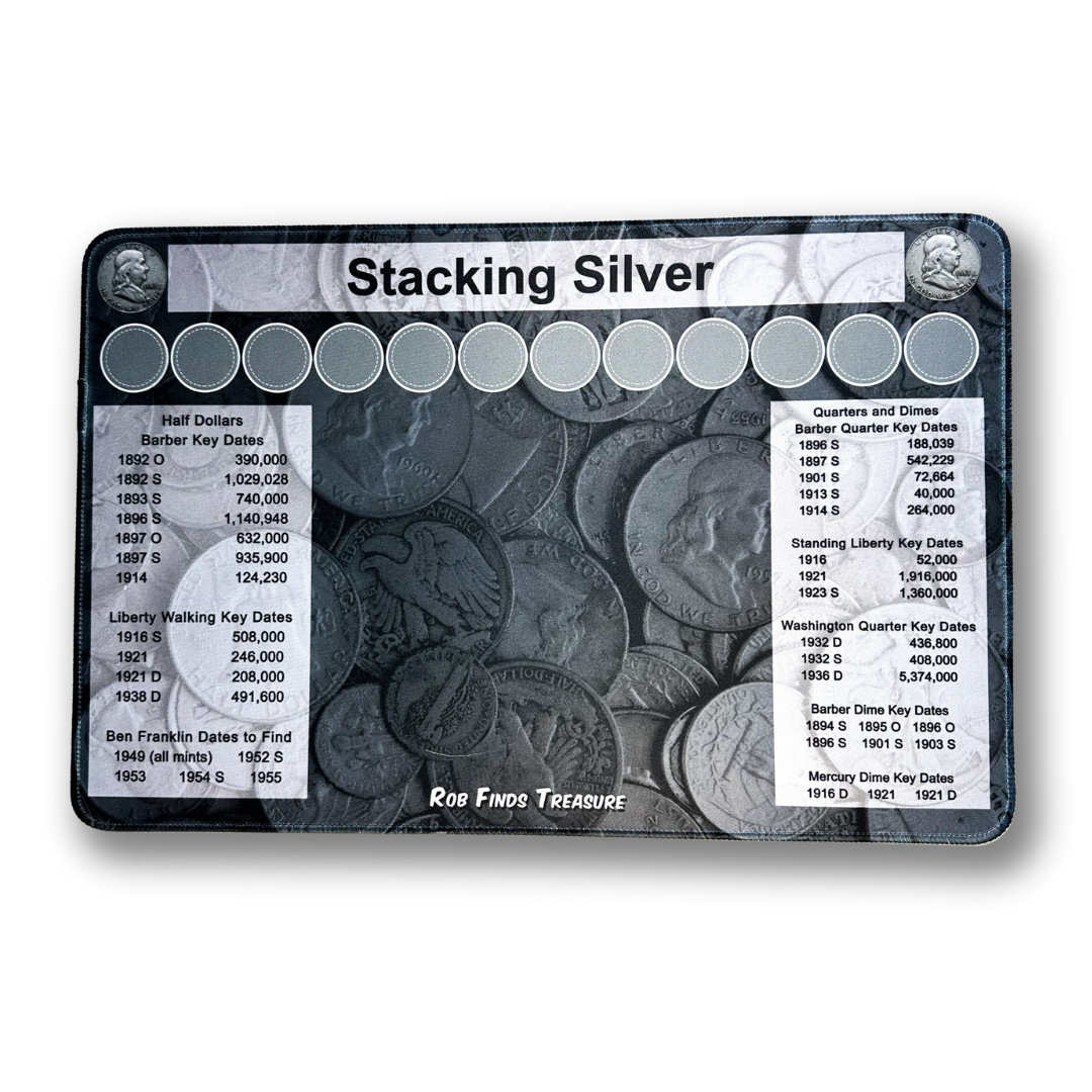 Stacking Silver Coin roll hunting mat made by Rob Finds Treasure featuring organized rows for stacking silver  finds, providing a convenient and systematic setup for searching through coins