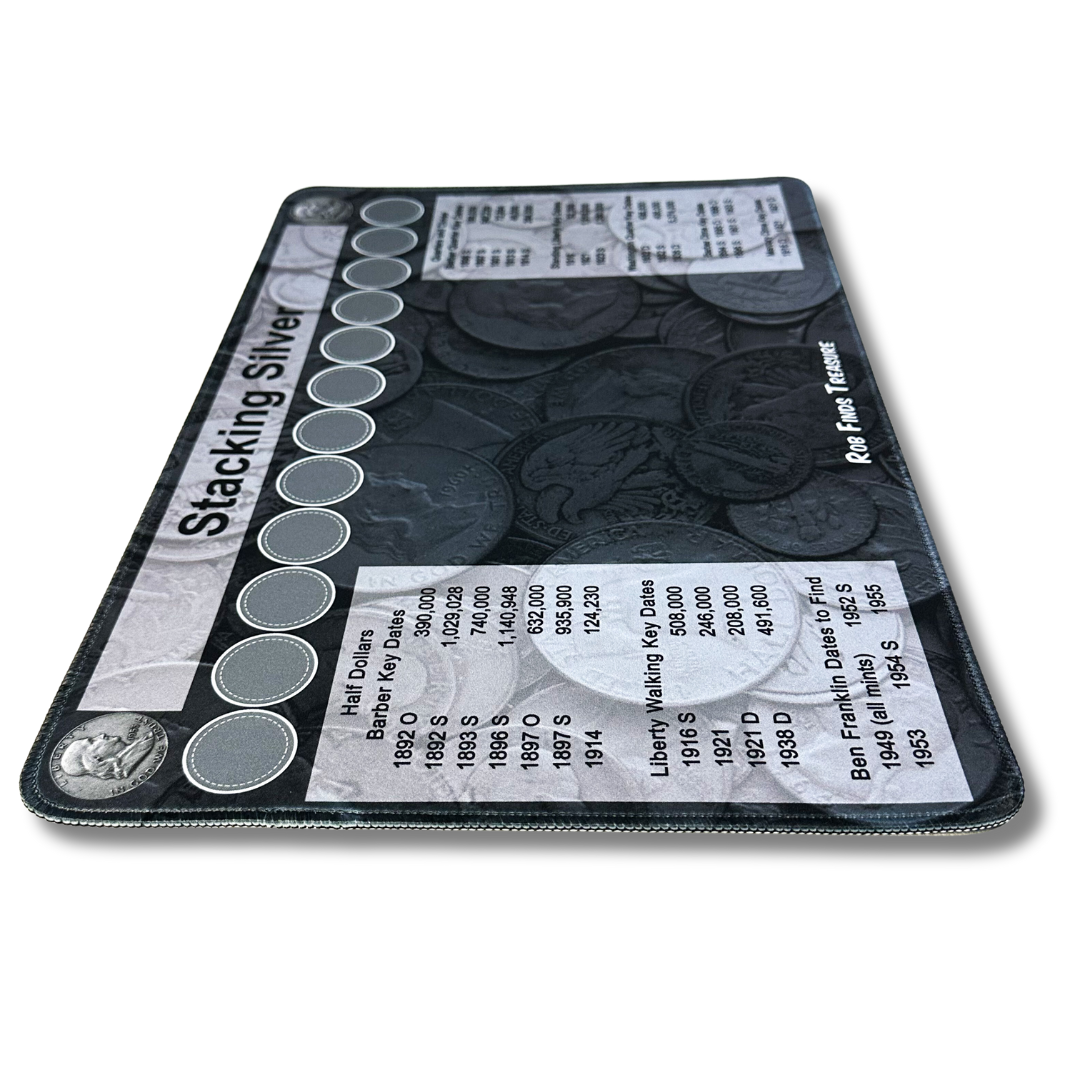 Angled view of Stacking Silver Coin roll hunting mat made by Rob Finds Treasure  featuring organized rows for stacking silver finds, providing a convenient and systematic setup for searching through coins 