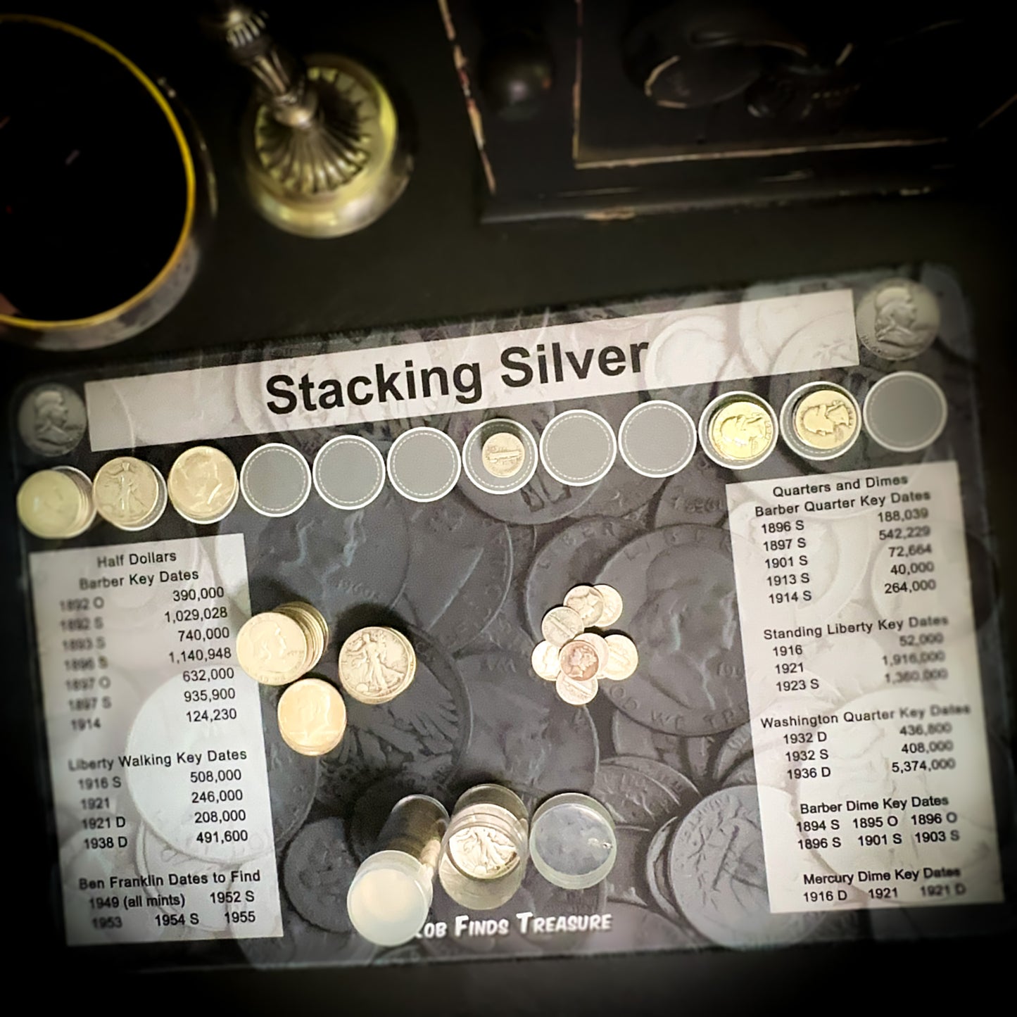 Layout with coins of a Stacking Silver coin roll hunting mat made by Rob Finds Treasure featuring organized rows for stacking silver finds, providing a convenient and systematic setup for searching through coins 