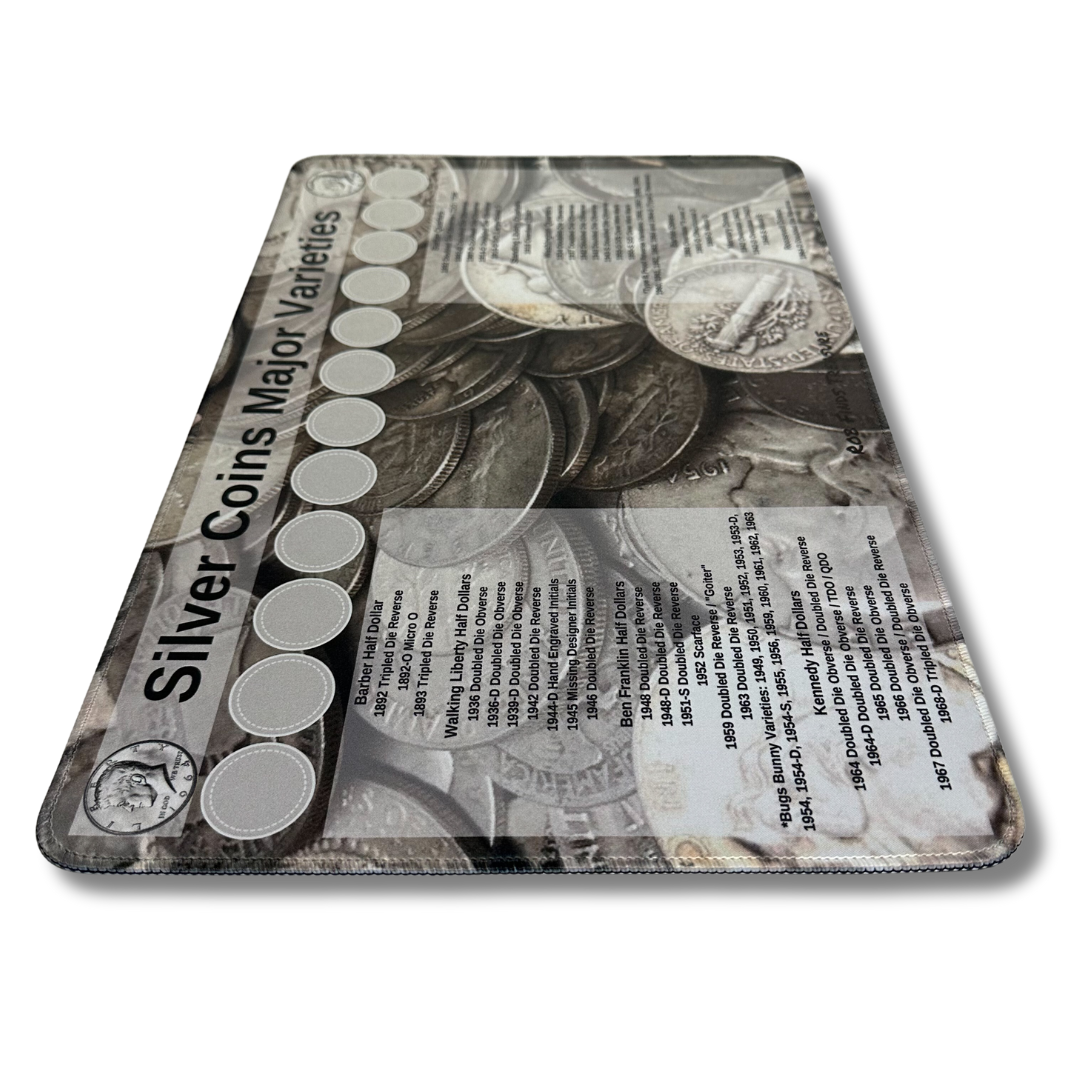 Angled view of Silver Coin Hunting Mat for major Varieties, made by Rob Finds Treasure  featuring organized rows for stacking silver major variety finds, providing a convenient and systematic setup for searching through coins 