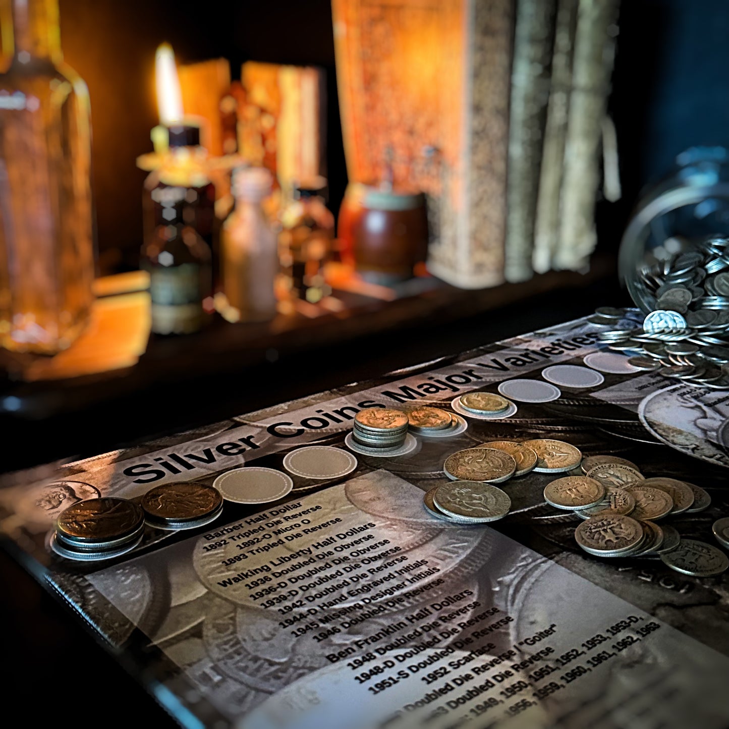 Close up of a layout with coins of a Silver Coin Hunting Mat for major Varieties made by Rob Finds Treasure featuring organized rows for stacking silver major variety finds, providing a convenient and systematic setup for searching through coins