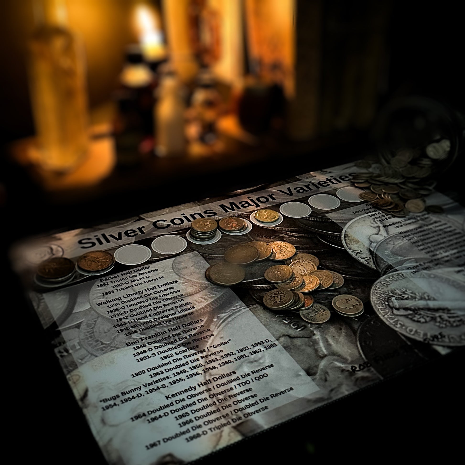 Layout with coins on a Silver Coin Hunting Mat for major Varieties made by Rob Finds Treasure featuring organized rows for stacking silver major variety finds, providing a convenient and systematic setup for searching through coins 